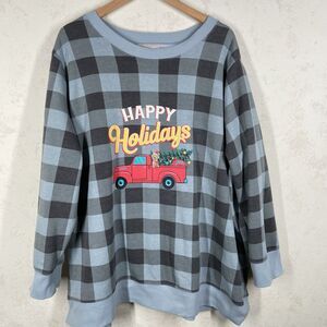 Woman Within 2X 26/28W Christmas Sweatshirt Blue Plaid Dog Truck Holiday